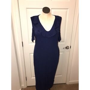 Navy Blue Jersey Sundress XL by Pink Clove, Ruffle Cold Shoulder Midi Dress